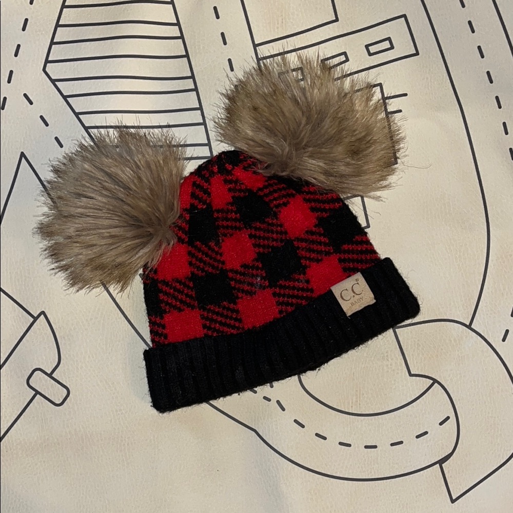 Kids Red and Black Plaid Pom Pom Beanie